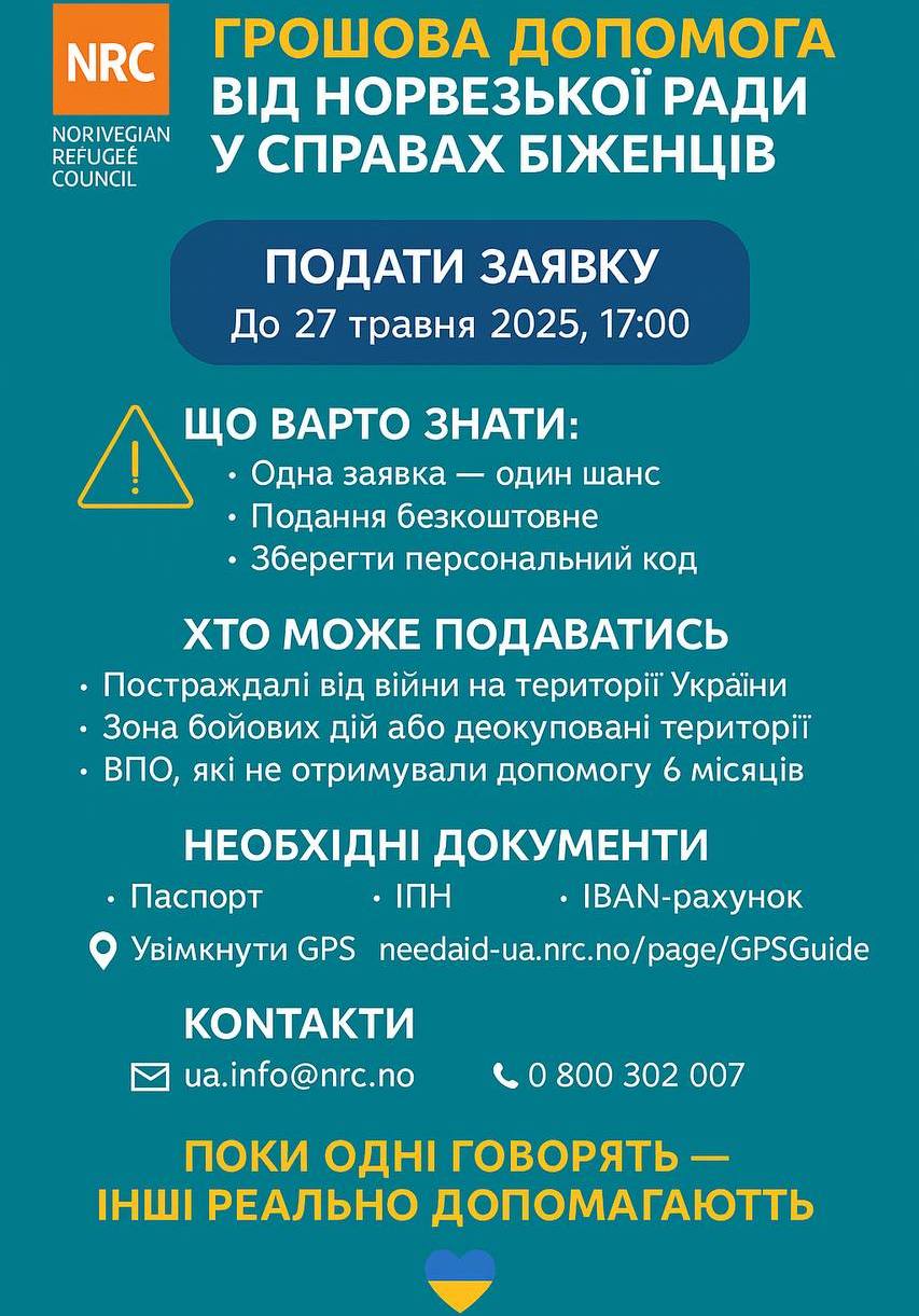 📢 Грошова допомога від Норвезької ради у справах біженців (NRC)