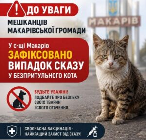 На малюнку зображено кота і Повідомлення про зафіксований випадок сказу у селищі Макарів, а також заклик подбати про безпеку своїх тварин і свого оточення