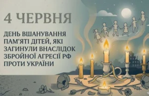 Ілюстрація до Дня вшанування пам'яті дітей, які загинули внаслідок збройної агресії РФ проти України. Зліва великий текст: «4 червня. День вшанування пам'яті дітей, які загинули внаслідок збройної агресії РФ проти України». Справа зображено запалені свічки, квіти маку та силуети дітей, що тримаються за руки і піднімаються в небо.