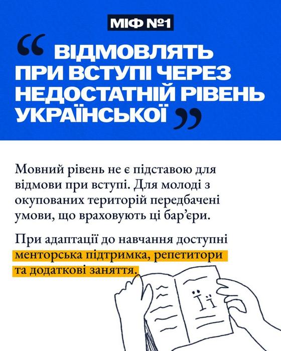 Картка «Міф №1: Відмовлять при вступі через недостатній рівень української». Текст нижче пояснює: мовний рівень не є підставою для відмови; для адаптації доступні менторська підтримка, репетитори та додаткові заняття. Внизу малюнок рук, що тримають розгорнуту книгу.