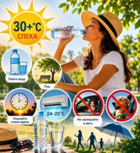 Яскравий літній колаж на тему захисту від спеки понад 30 градусів. Зображено жінку в солом'яному капелюсі, яка п'є воду на тлі природи. Навколо неї розміщені іконки-нагадування: пляшка води, лавка в тіні, годинник, кондиціонер, а також перекреслені знаки, що забороняють залишати дітей і собак в автомобілі