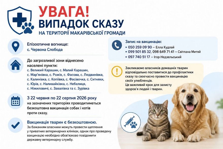 Інформаційний банер про випадок сказу у Макарівській громаді. Текст на зображенні повністю дублює інформацію про карантинні зони в селі Червона Слобода, графік безкоштовної вакцинації тварин та контакти для запису. У правому нижньому кутку зображені домашні улюбленці — смугастий кіт та золотистий ретривер.