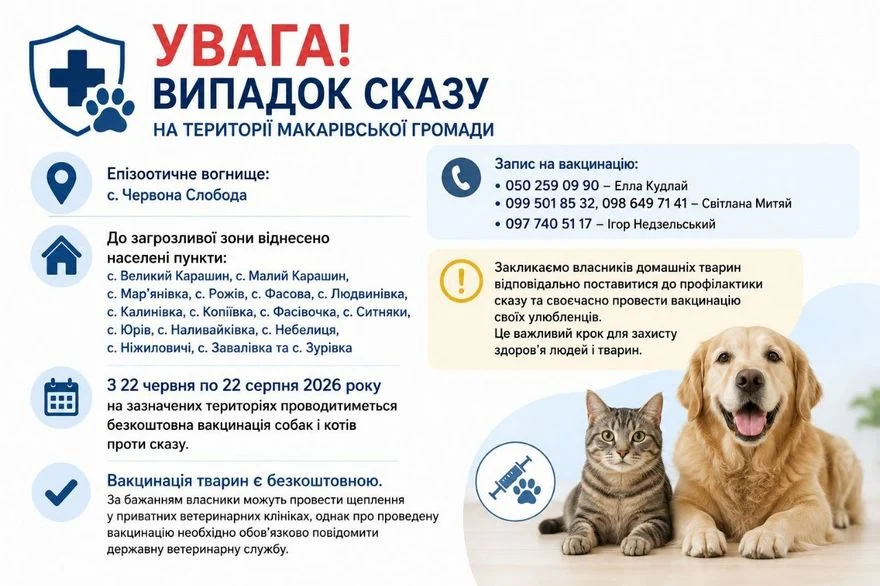 🚨 УВАГА! ВИПАДОК СКАЗУ НА ТЕРИТОРІЇ МАКАРІВСЬКОЇ ГРОМАДИ 🚨