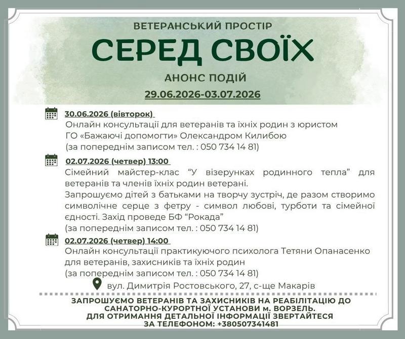 Афіша ветеранського простору «Серед своїх» з анонсом подій на 29.06.2026–03.07.2026. Розклад: 30.06.2026 (вівторок) – онлайн-консультації для ветеранів та їхніх родин з юристом ГО «Бажаючі допомогти» Олександром Килибою. 02.07.2026 (четвер) 13:00 – сімейний майстер-клас «У візерунках родинного тепла» для ветеранів та членів їхніх родин від БФ «Рокада», створення серця з фетру. 02.07.2026 (четвер) 14:00 – онлайн-консультації практикуючого психолога Тетяни Опанасенко для ветеранів, захисників та їхніх родин. На всі заходи запис за телефоном: 050 734 14 81. Адреса: вул. Димитрія Ростовського, 27, с-ще Макарів. Також міститься запрошення ветеранів та захисників на реабілітацію до санаторно-курортної установи м. Ворзель, довідки за телефоном: +380507341481.