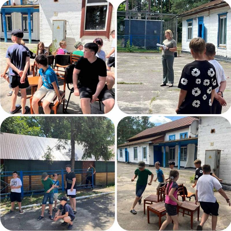 Колаж із чотирьох фотографій дитячого свята надворі: діти беруть участь у рухливих іграх із стільцями, квестах та конкурсах, ведуча спілкується з малечею.