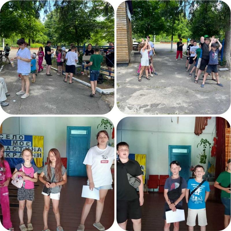 Колаж із чотирьох фотографій розваг для дітей: черга за безкоштовним морозивом, командні естафети на вулиці та діти з грамотами або завданнями у приміщенні клубу.
