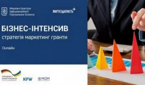 Інформаційний банер бізнес-інтенсиву „СТРАТЕГІЯ. МАРКЕТИНГ. ГРАНТИ“ від Мережі центрів інформаційної підтримки бізнесу в межах проєкту „Життєздатність+“. Праворуч зображено людину в діловому костюмі за робочим столом із графіками та об'ємними кольоровими трикутниками, що символізують зростання показників.