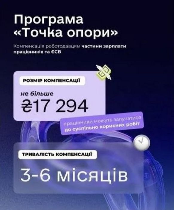 Інфографіка програми «Точка опори» від Центру зайнятості. Текст на фіолетовому фоні: розмір компенсації роботодавцям частини зарплати працівників та ЄСВ становить не більше 17 294 грн; тривалість компенсації — від 3 до 6 місяців; зазначено, що працівники можуть залучатися до суспільно корисних робіт.