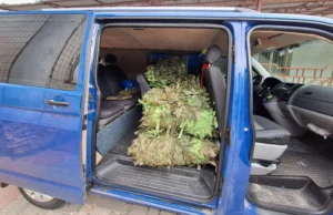 Салон синього мікроавтобуса з відкритими боковими дверима, повністю завантажений сплетеними зеленими та коричневими маскувальними сітками для українських захисників.