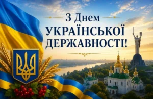 Святкова листівка «З Днем Української Державності!» із зображенням державного прапора, герба, золотавих колосків пшениці, калини та панорами Києва з Києво-Печерською лаврою та монументом «Батьківщина-мати».