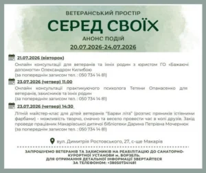 Афіша ветеранського простору «Серед Своїх» з анонсом подій на 20-24 липня 2026 року. У програмі: 21 липня — онлайн-консультації юриста ГО «Бажаючі допомогти» Олександра Килиби; 23 липня об 11:00 — онлайн-консультації психолога Тетяни Опанасенко; 23 липня о 14:30 — майстер-клас для дітей «Барви літа» з розпису пряників від Дарини Мочернюк. Адреса: смт Макарів, вул. Димитрія Ростовського, 27. Також триває запис на реабілітацію до санаторно-курортної установи в місті Ворзель. Телефон для запису: 050 734 14 81.
