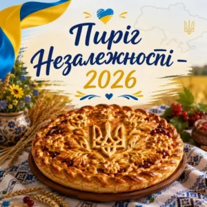 Святкове зображення з великим печеним пирогом на вишиваному рушнику із зображенням тризуба, прикрашеним квітами та колоссям пшениці, та написом «Пиріг Незалежності – 2026»