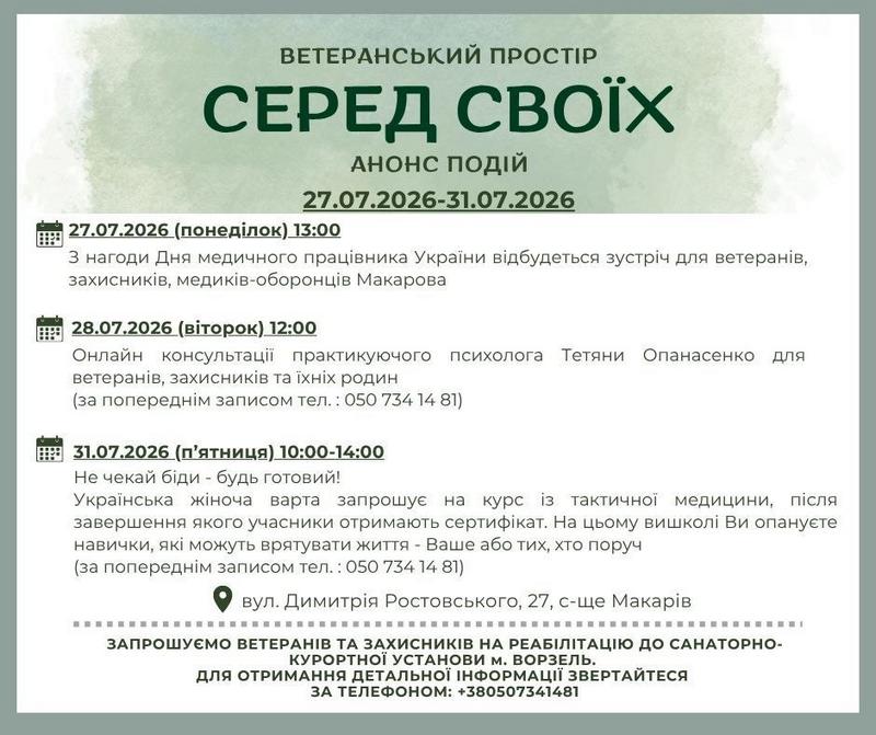Афіша подій ветеранського простору «Серед Своїх» на 28–31 липня. В програмі: онлайн-консультації психолога Тетяни Опанасенко та курс з тактичної медицини від Української жіночої варти.