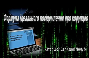 Головний банер антикорупційного роз'яснення з текстом «Формула ідеального повідомлення про корупцію» та питанням «Хто? Що? Де? Коли? Чому?»