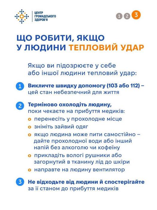 Картка №3. Інфографіка «Що робити, якщо у людини тепловий удар». Текст: Викличте швидку (103 або 112). До прибуття медиків: перенесіть у прохолодне місце, зніміть одяг, дайте води (якщо людина може пити), прикладіть вологий рушник або лід у тканині, направте вентилятор. Не залишайте людину саму.