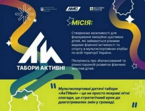 Рекламний плакат дитячих спортивних таборів «акТИвні» на синьо-зеленому фоні з абстрактними жовтими та синіми елементами. У лівій частині — великий білий логотип та назва «ТАБОРИ АКТИВНІ». У правій частині — текст, що описує місію та стратегічне значення фестивалю, а також логотипи партнерів та організаторів.