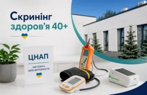 Інформаційний банер програми «Скринінг здоров’я 40+». На столі розміщено тонометр, медичне обладнання та табличку «ЦНАП. Ми поруч, щоб допомогти». Поруч зображено сучасну будівлю медичного закладу.