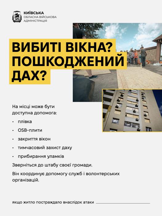 Інформація від КОВА: «Вибиті вікна? Пошкоджений дах?». Перелік матеріалів та послуг першої допомоги (плівка, OSB-плити, закриття вікон, прибирання уламків) від служб і волонтерів.
