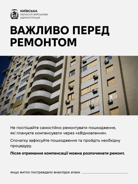 Інструкція КОВА: «Важливо перед ремонтом». Застереження не розпочинати самостійний ремонт до офіційної фіксації пошкоджень та оформлення «єВідновлення». На тлі — багатоповерхівка із забитими OSB-плитами вікнами.