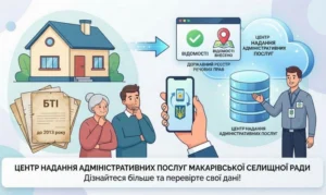 Ілюстрація до статті про перевірку права власності на нерухомість. Зліва — паперові документи БТІ та будинок, справа — електронний Державний реєстр речових прав та працівник ЦНАП. Внизу заклик перевірити дані в ЦНАП Макарівської селищної ради.