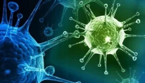 Макрофотографія вірусу грипу: дві великі сферичні частинки вірусу з шипами на поверхні, синя ліворуч і зелена праворуч.