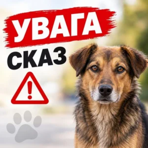 Попередження про сказ: фото собаки поруч із написом Увага! Сказ та знаком небезпеки